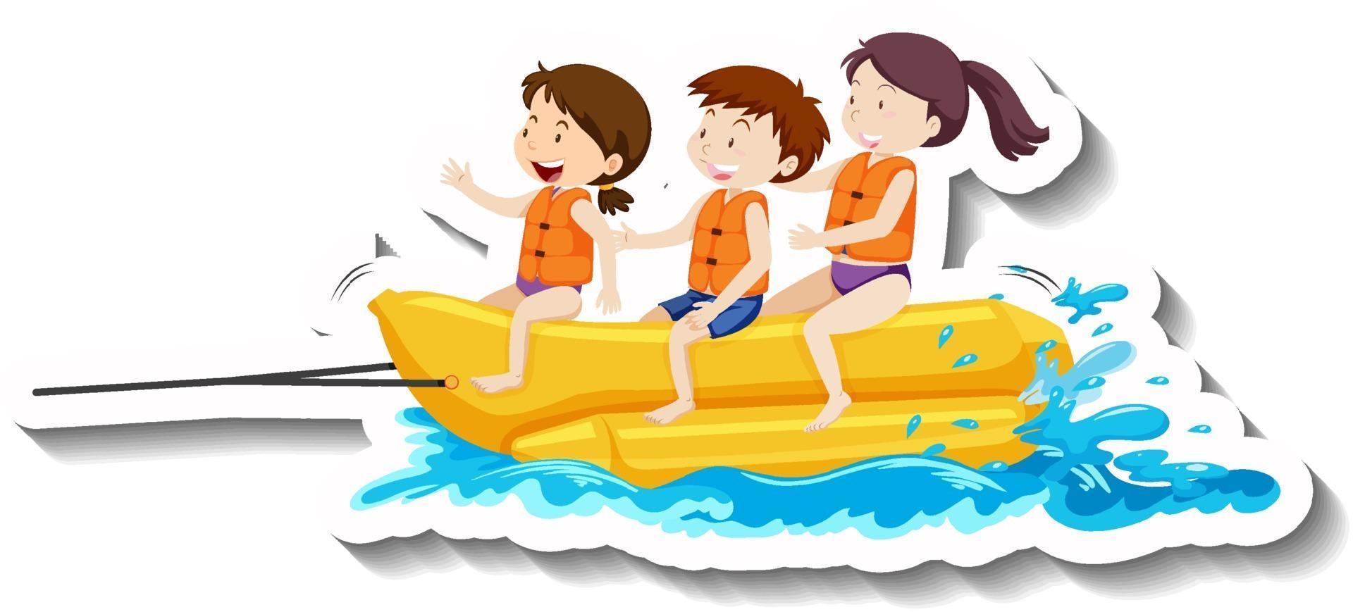 Children playing banana boat cartoon sticker vector