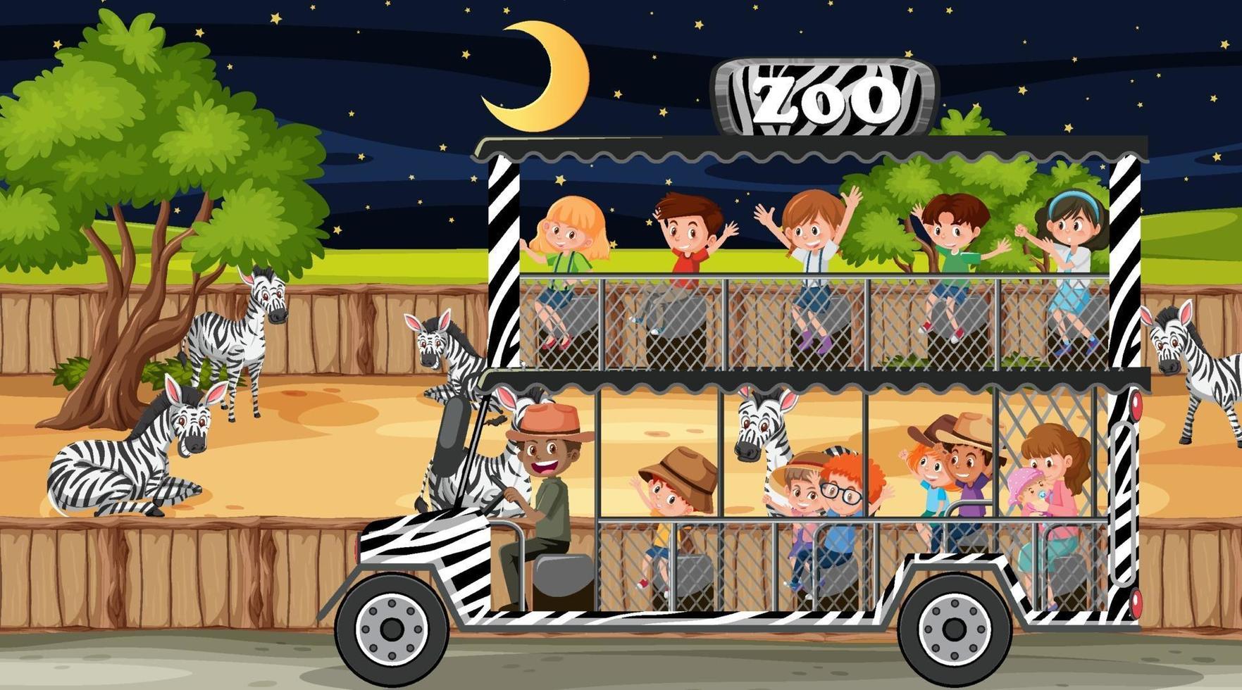 Safari at night scene with many kids watching zebra group vector