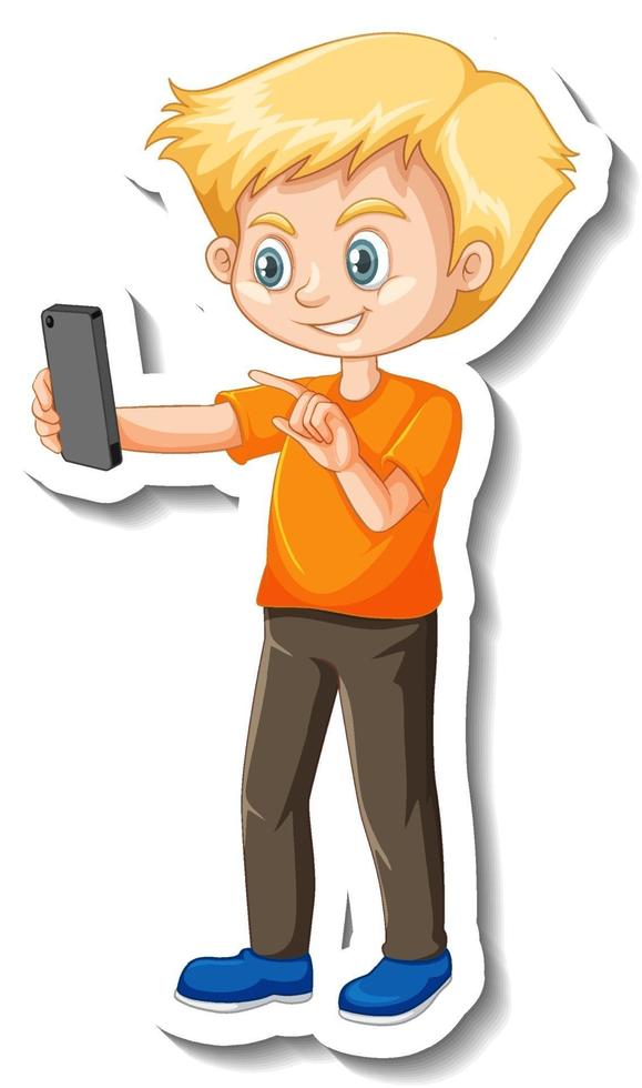 A boy using smart phone cartoon character sticker vector