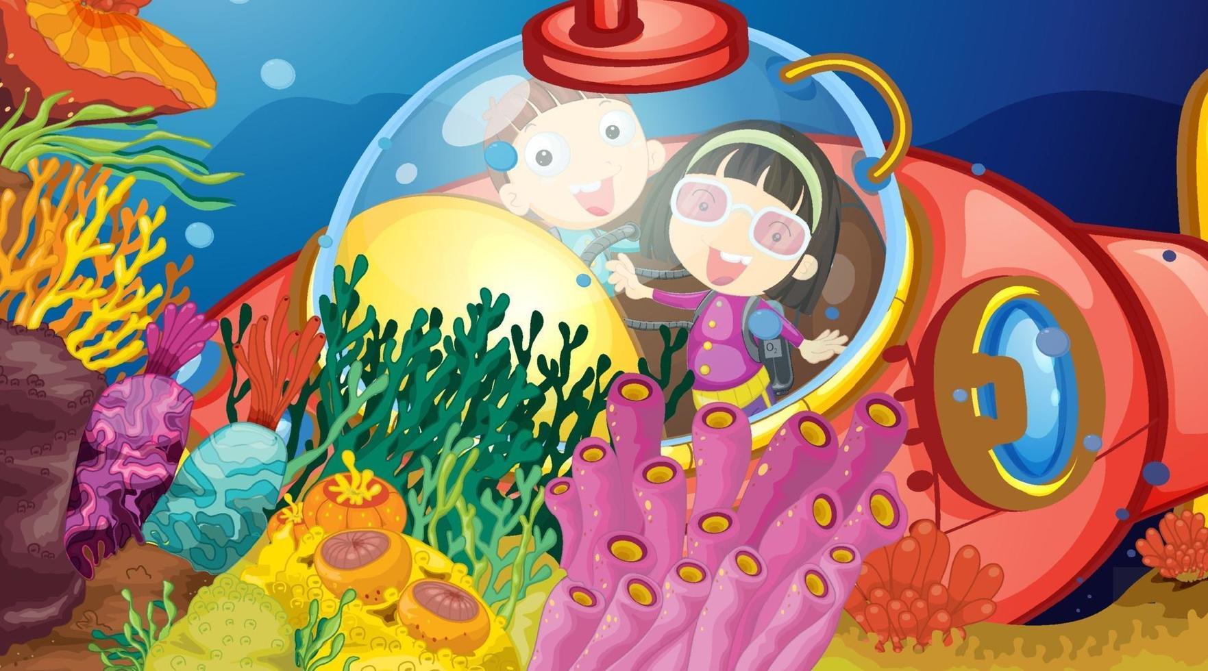 Escena submarina con niños felices en submarino explorando submarinos. vector