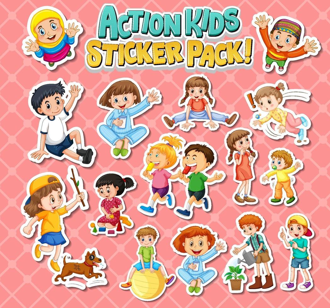 Set of stickers design with kids doing different activities vector