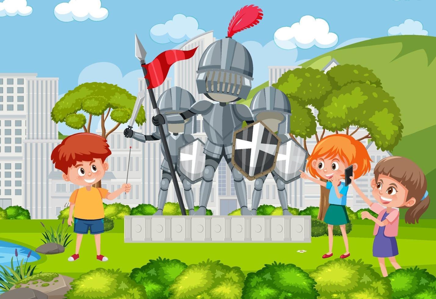 Kids at the park with knight statue vector