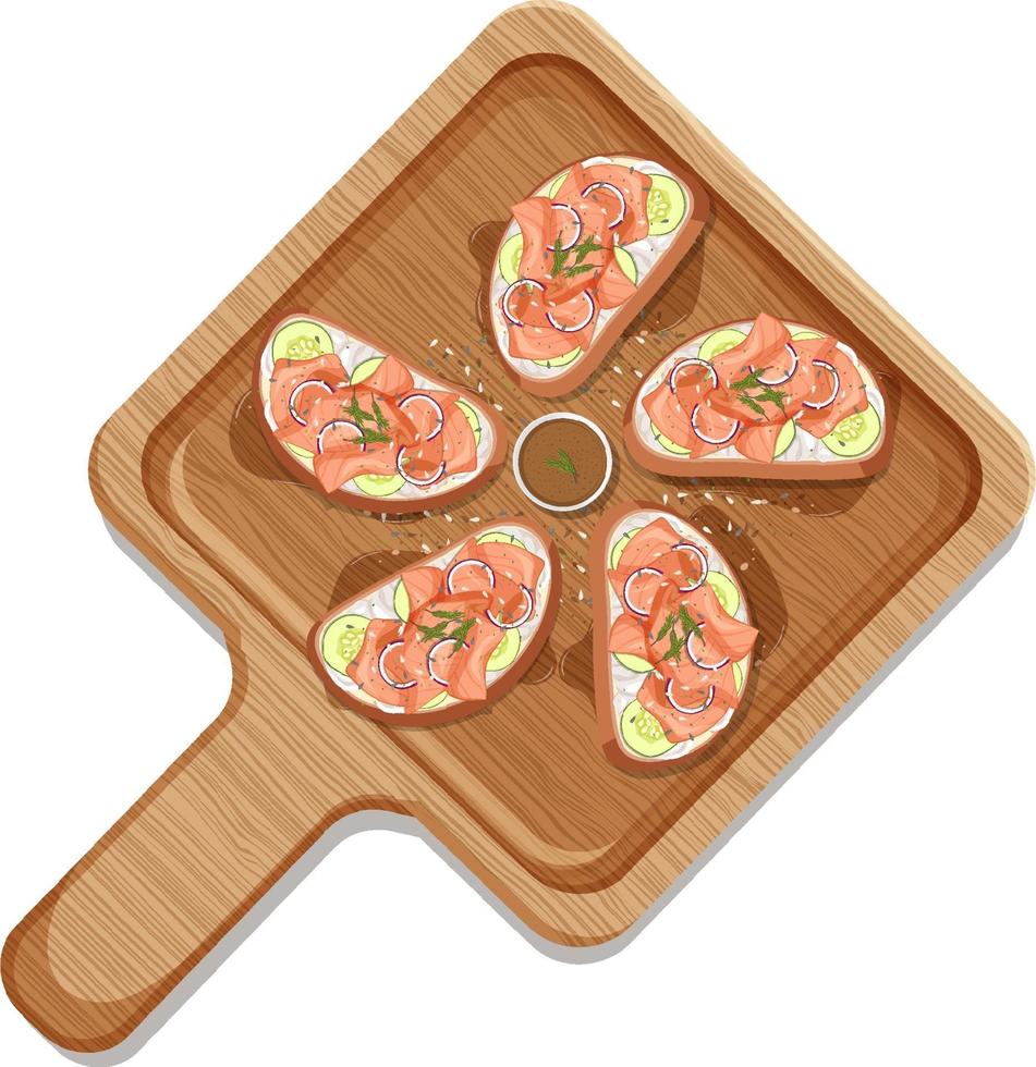 Bruschetta de salmón ahumado sobre una placa de madera aislada vector