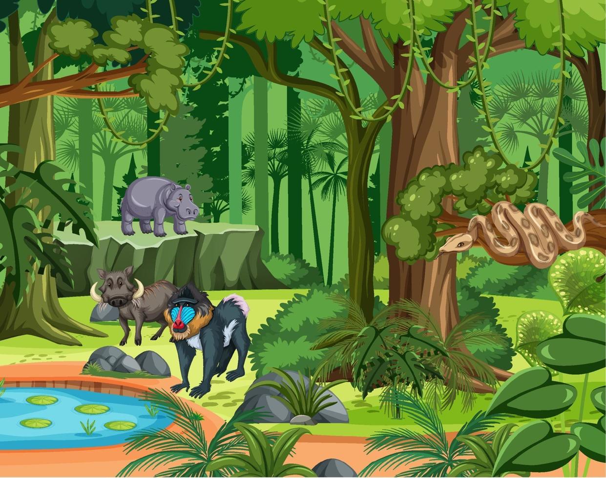Escena de la selva tropical con varios animales salvajes. vector