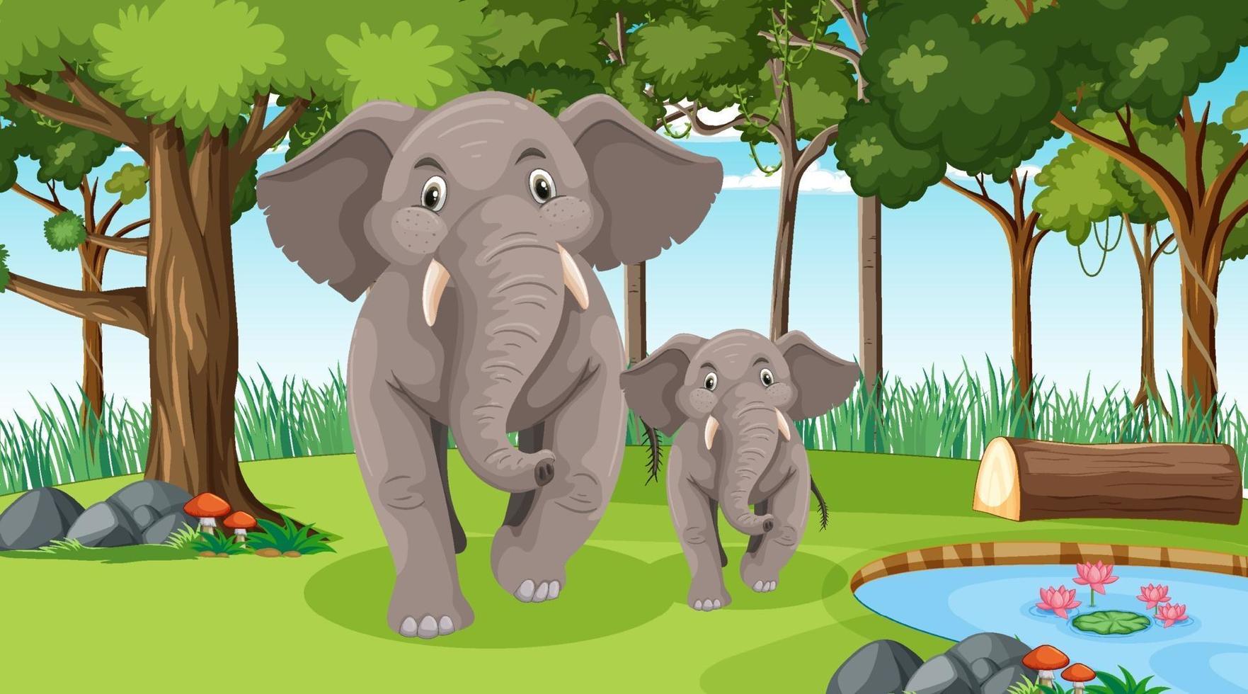 Mamá elefante y bebé en el bosque o la escena de la selva tropical con muchos árboles vector