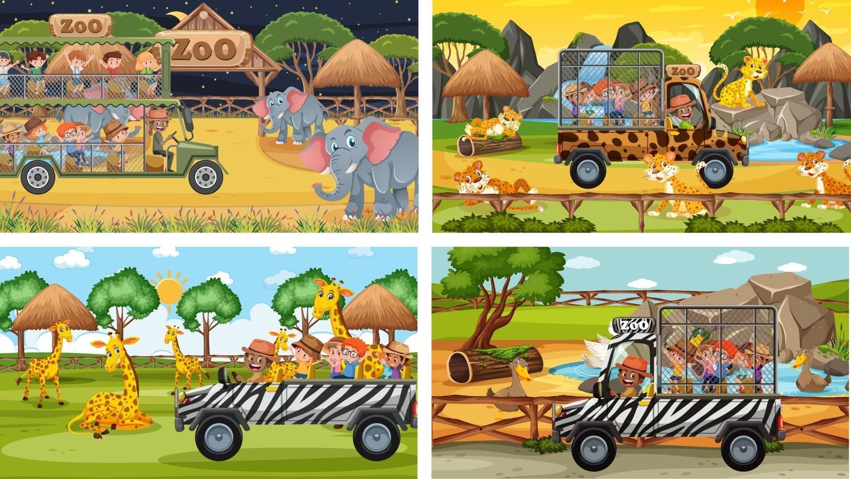 Set of different safari scenes with animals and kids cartoon character vector