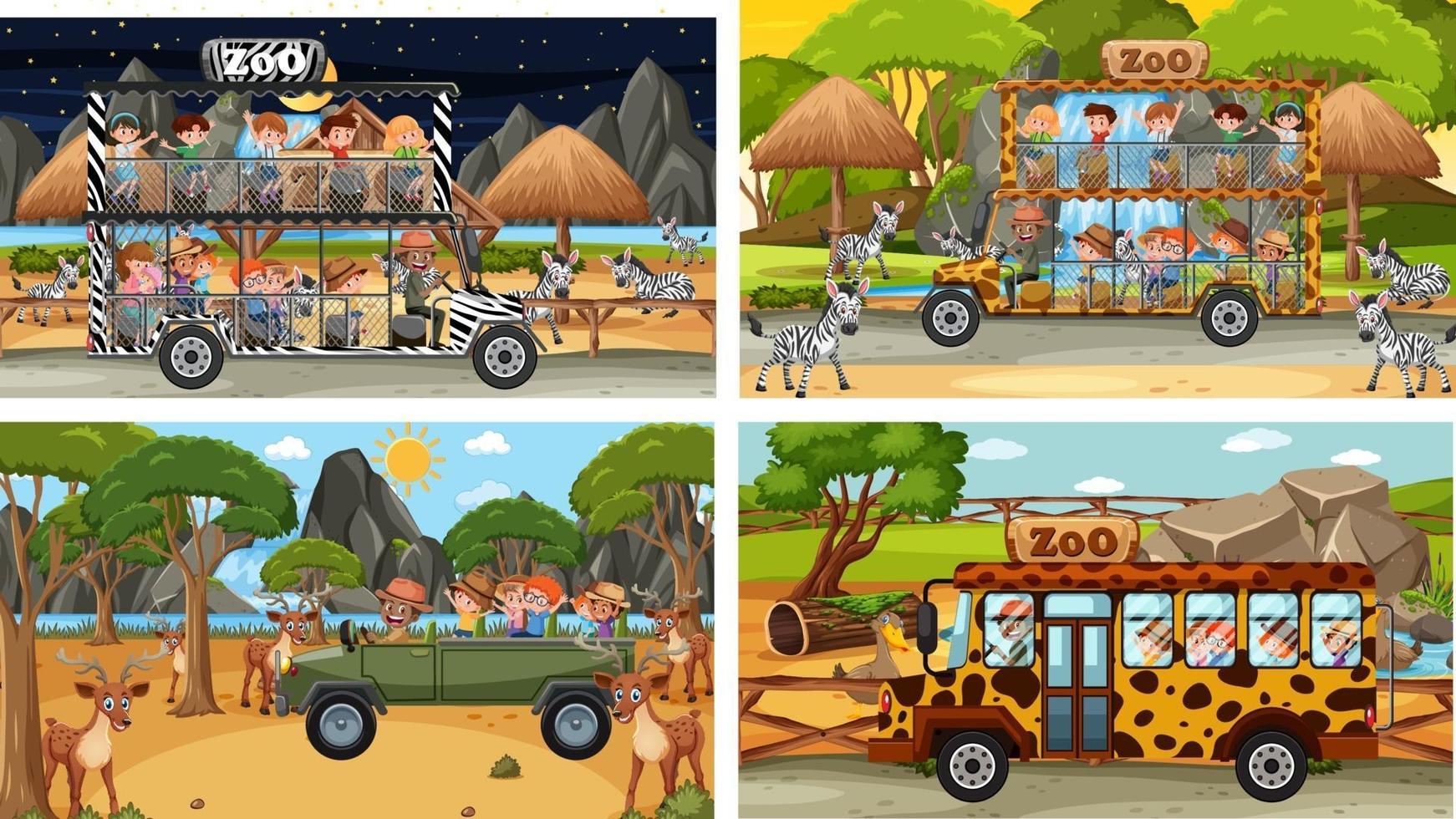 Set of different animals in safari scenes with kids vector