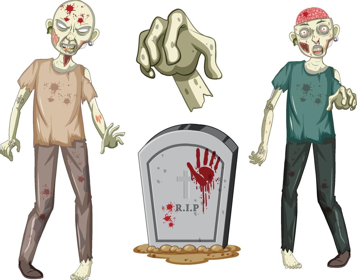 Creepy zombie character and gravestone on white background vector