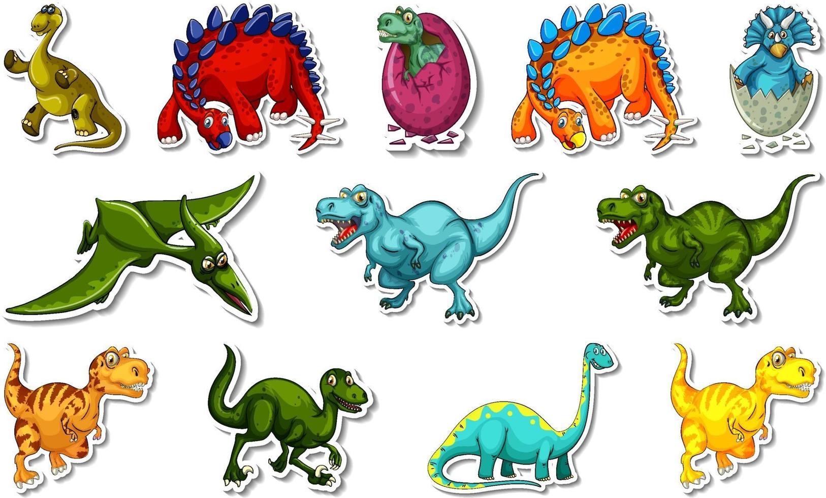 Sticker set with different types of dinosaurs cartoon characters vector