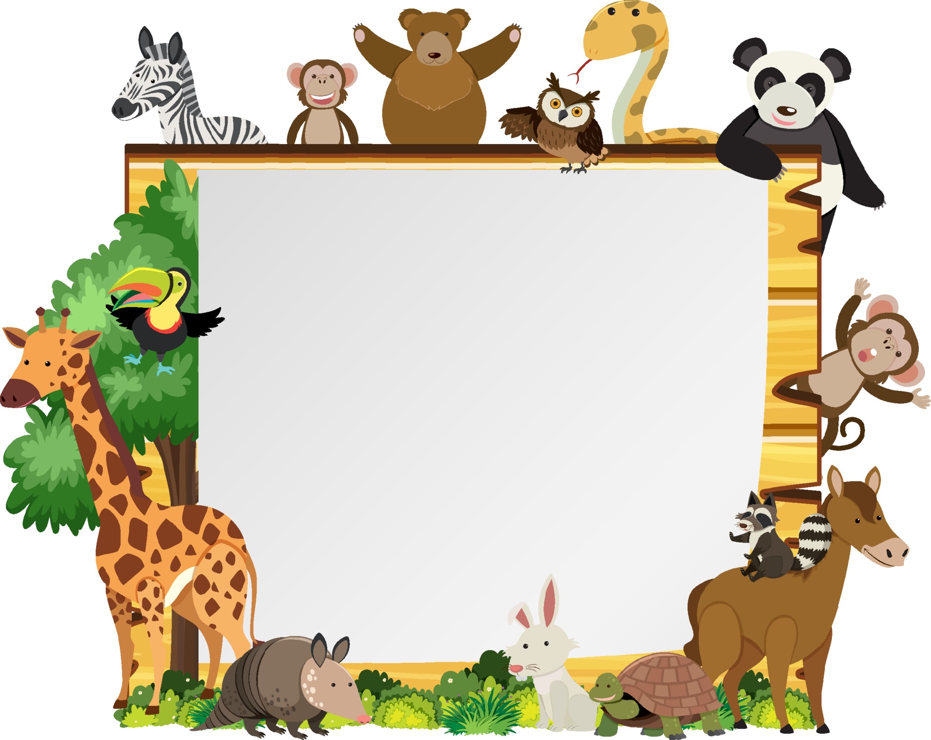 Empty wooden frame with various wild animals 3188468 Vector Art at Vecteezy