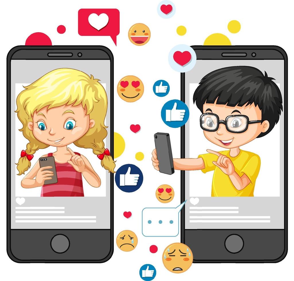 Two kids with smartphones and social media emoji icons vector