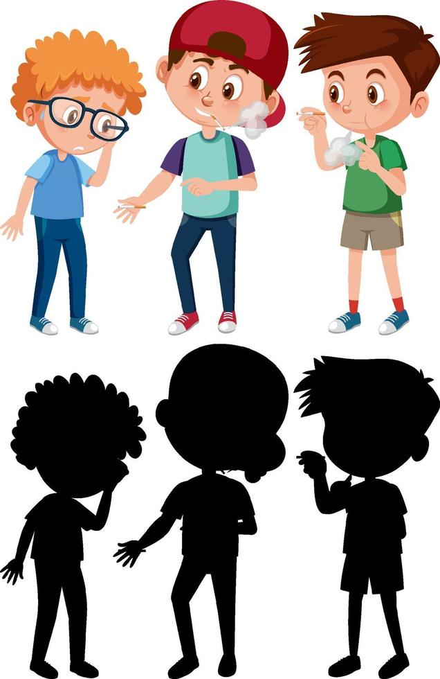 Two boys want nerdy boy to smoke with silhouette vector