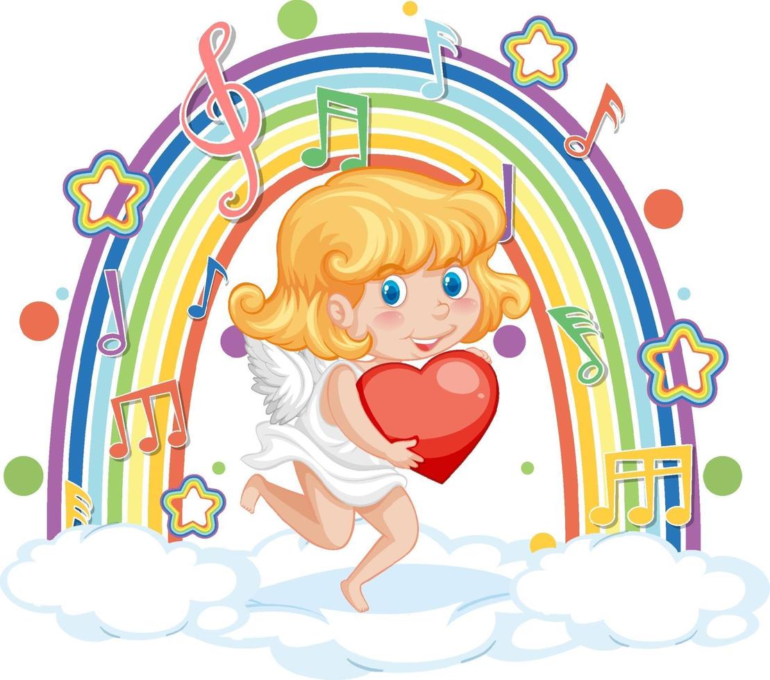 Cupid girl holding heart with melody symbols on rainbow vector