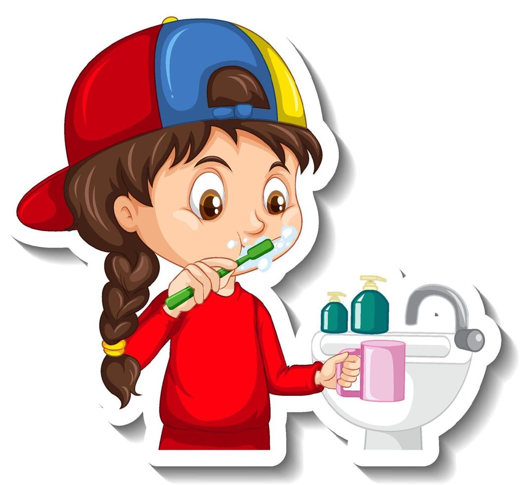Cartoon character sticker with a girl brushing teeth vector
