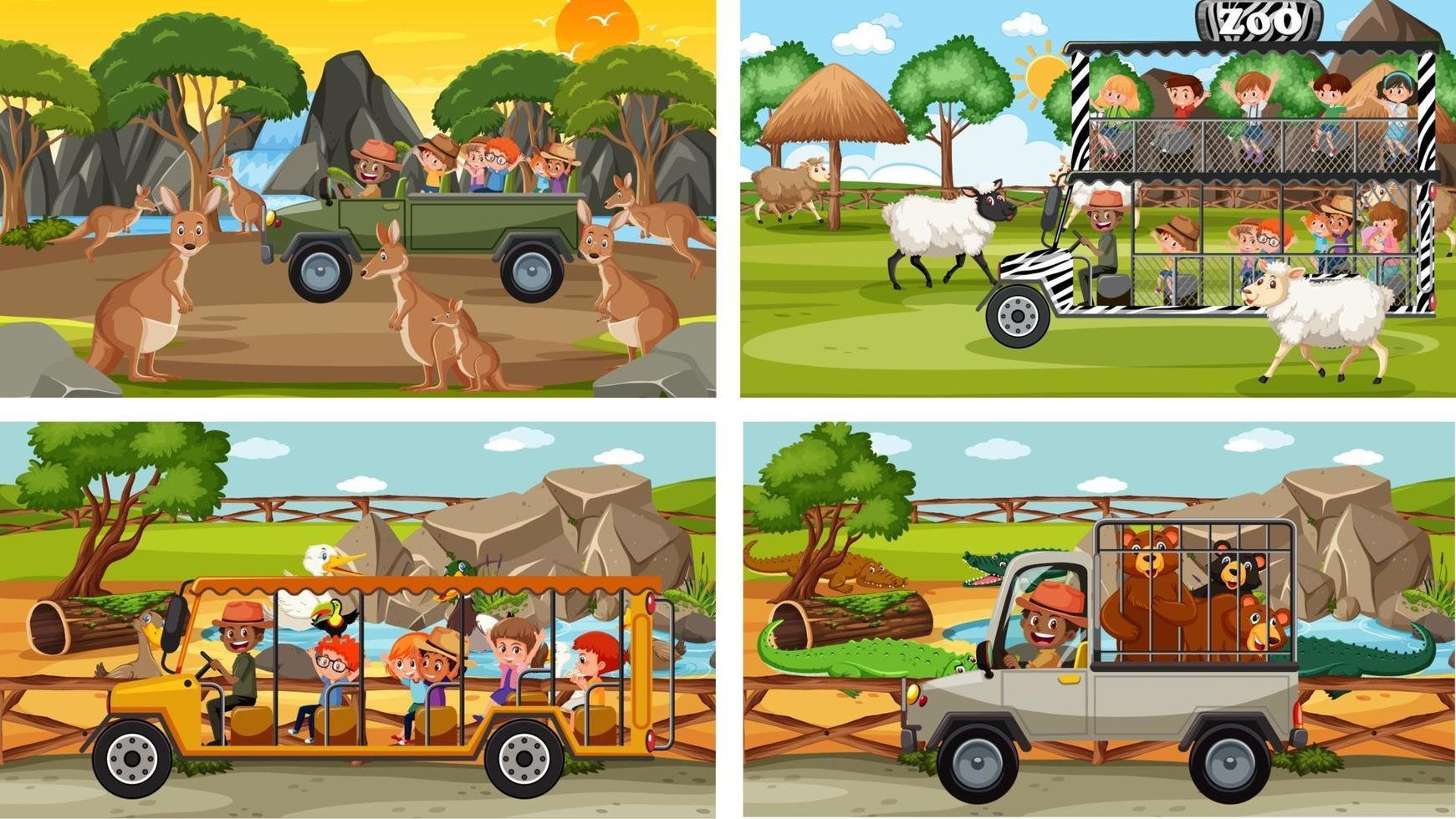 Set of different safari scenes with animals and kids cartoon character vector