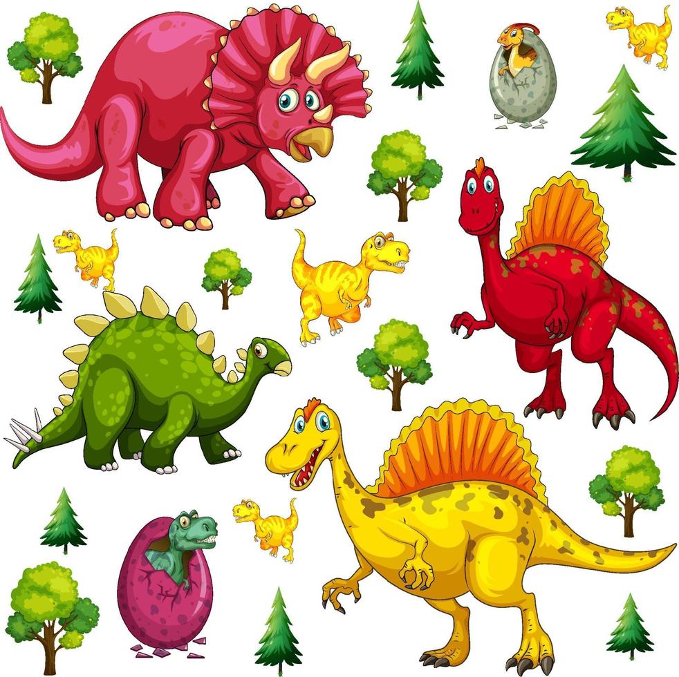 Set of isolated various dinosaurs cartoon character vector