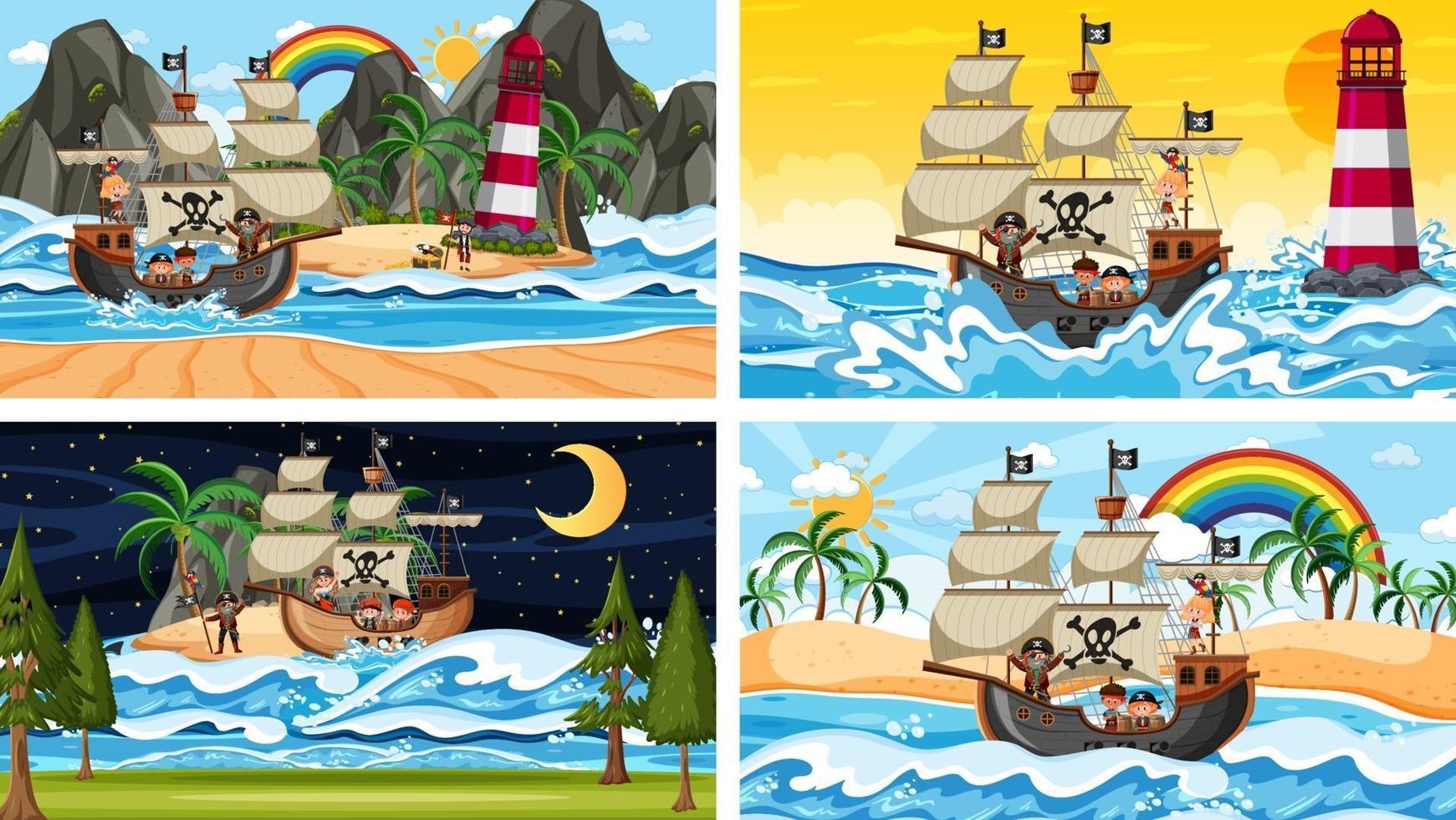 Set of different beach scenes with pirate ship vector