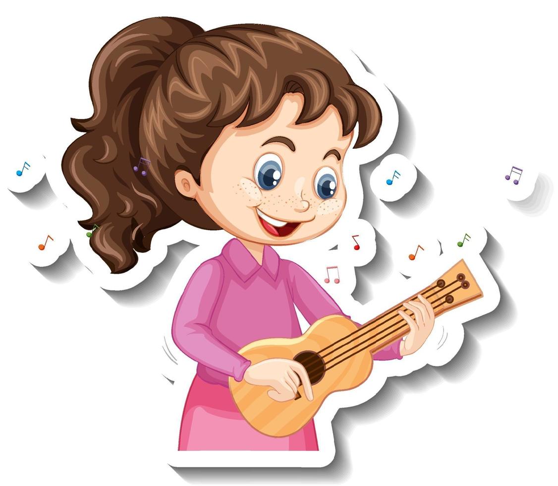 pegatina de personaje de dibujos animados con una niña tocando el ukelele vector