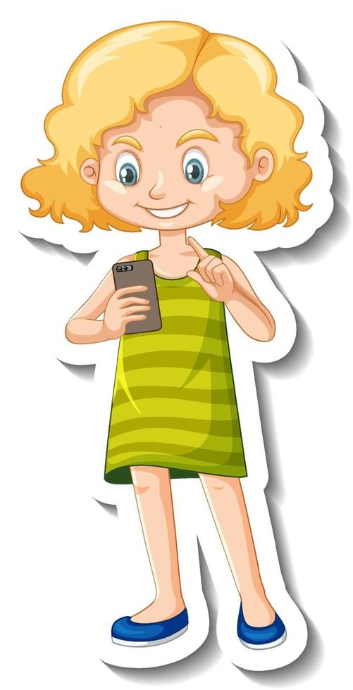 una niña que usa una etiqueta de personaje de dibujos animados de teléfono inteligente vector