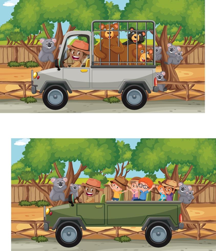 Safari scene with many bears in a cage car vector