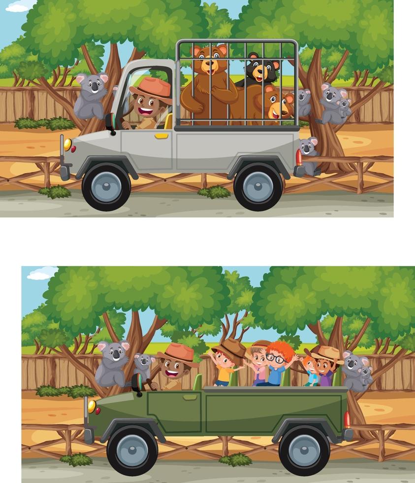 Escena de safari con muchos osos en un coche jaula. vector