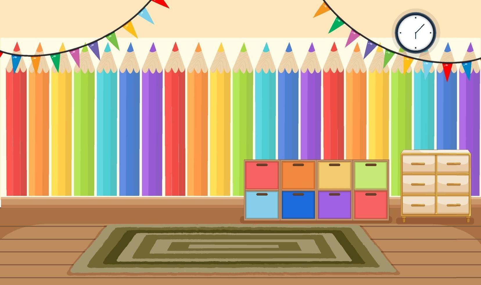 Empty kindergarten room with classroom objects and interior decoration vector