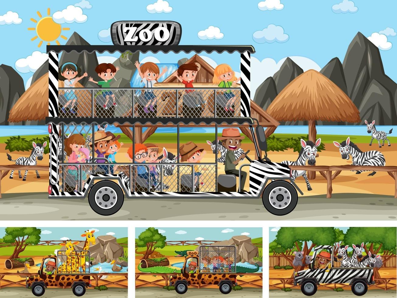 Different safari scenes with animals and kids cartoon character vector