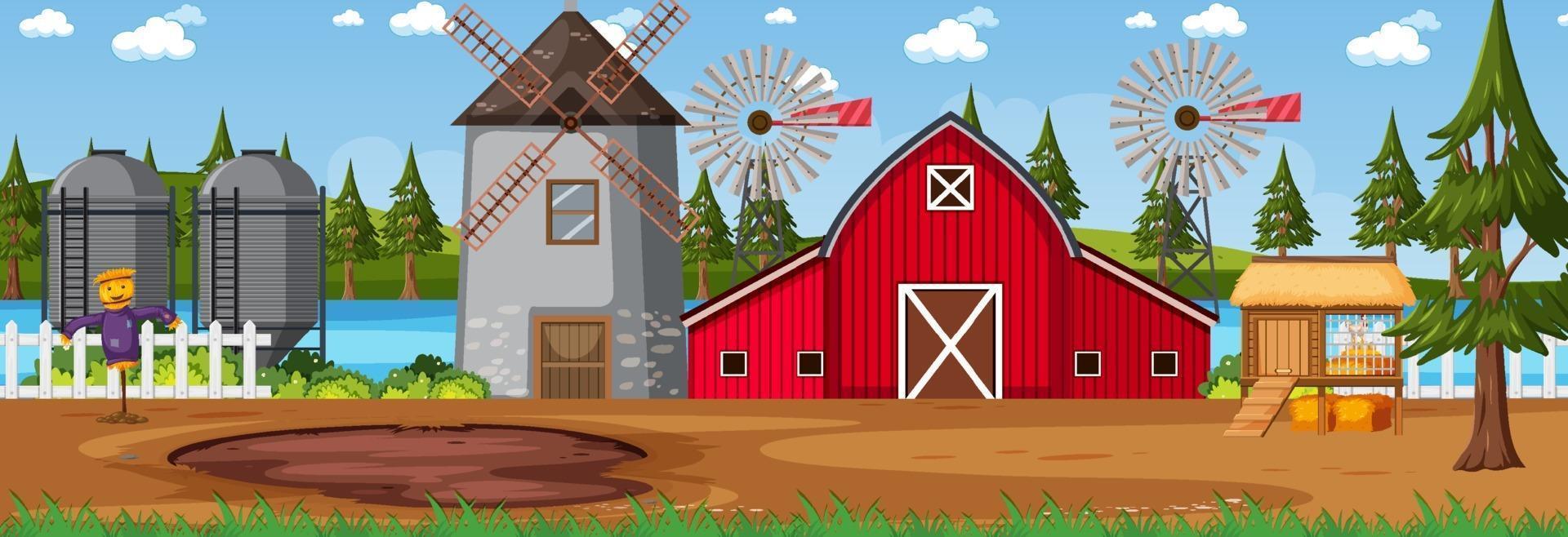 Farmland horizontal scene with barn and windmill at day time vector