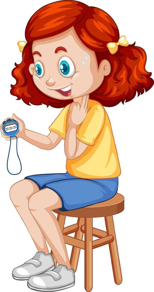 Cute girl sitting on a chair and holding timer vector
