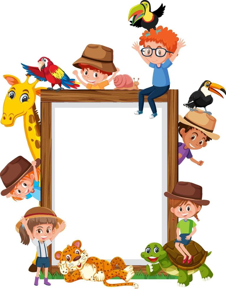 Marco de madera vacío con niños y animales del zoológico. vector
