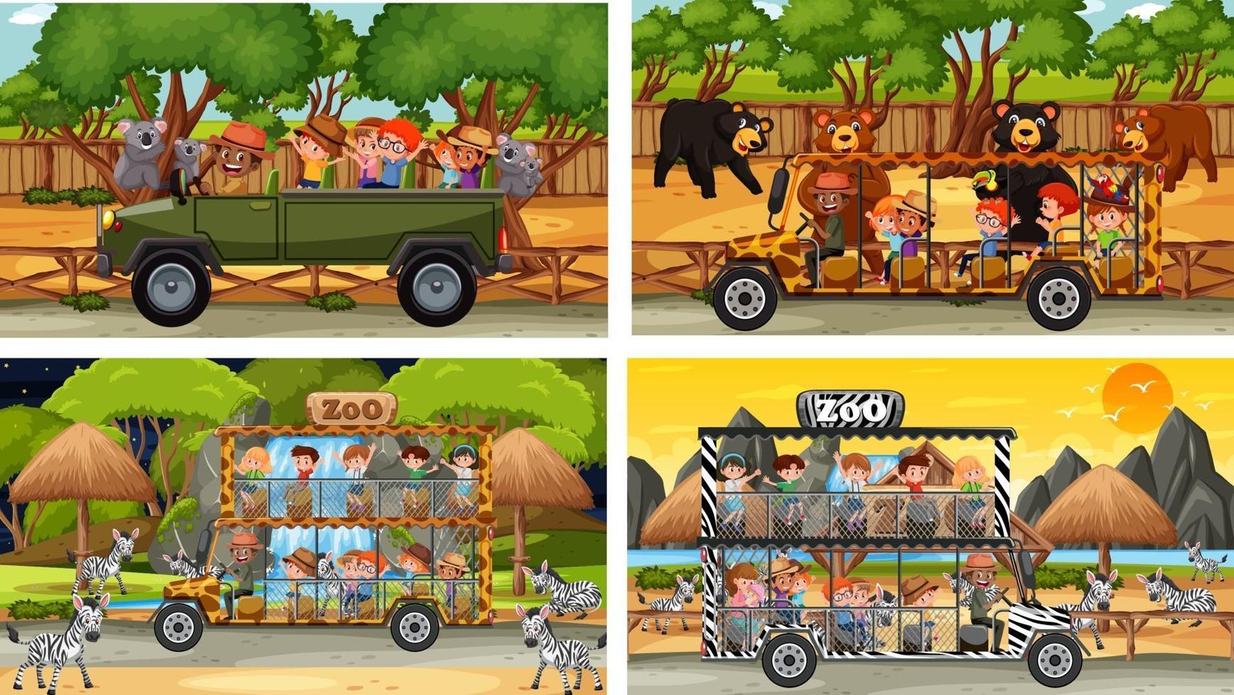 Set of different animals in safari scenes with kids vector