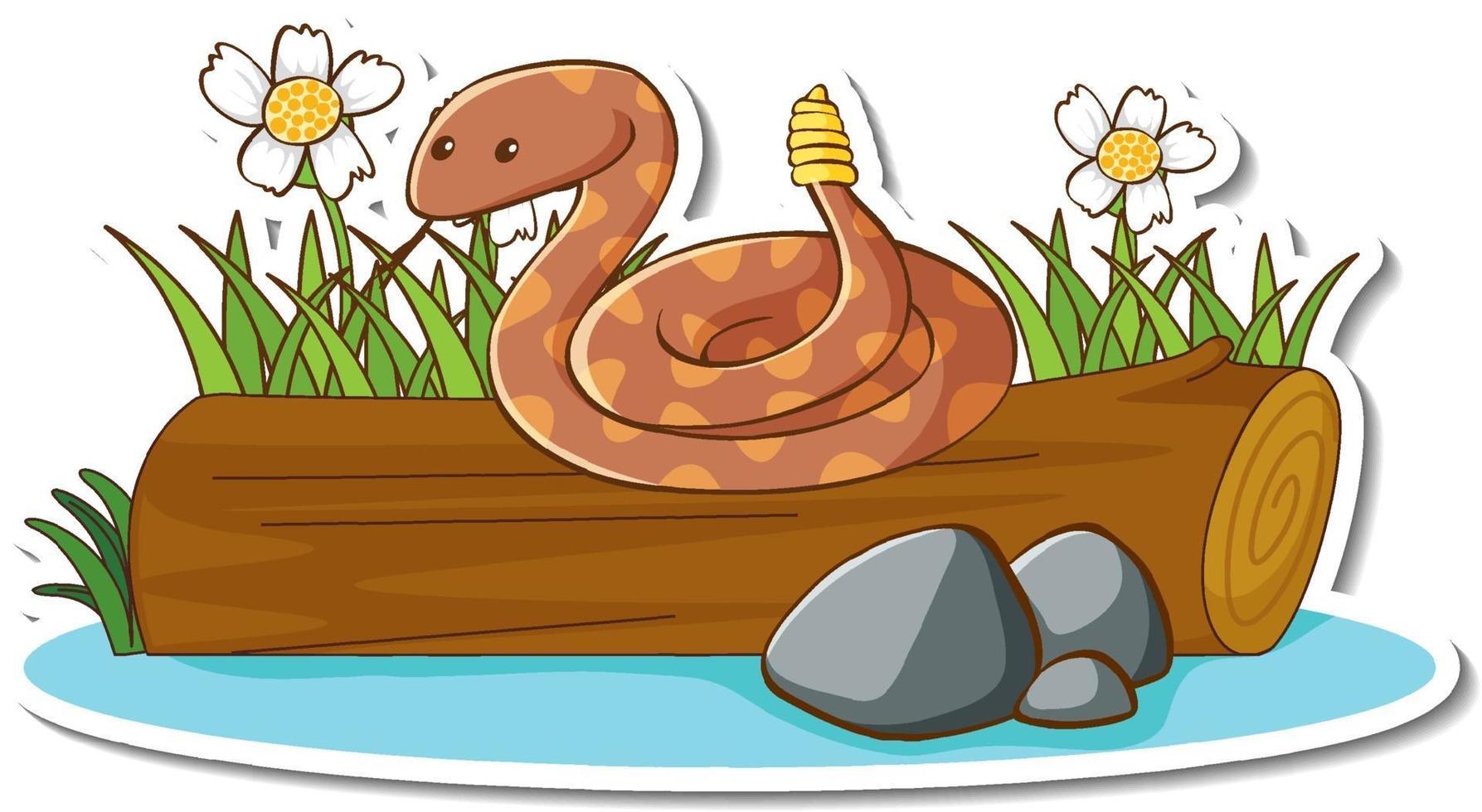 Rattle snake on a log with nature element sticker vector
