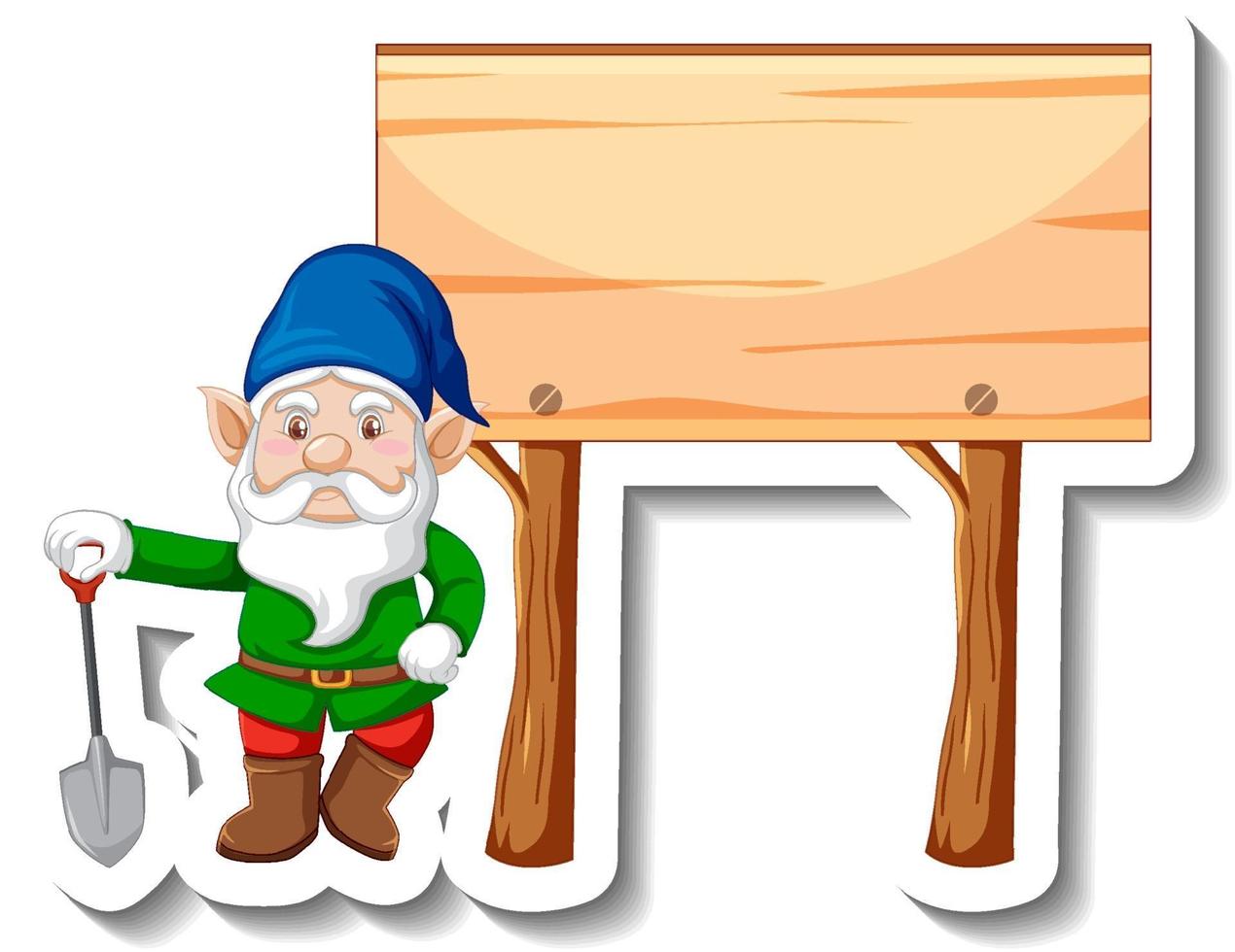 Garden gnome standing beside blank wooden banner sticker vector