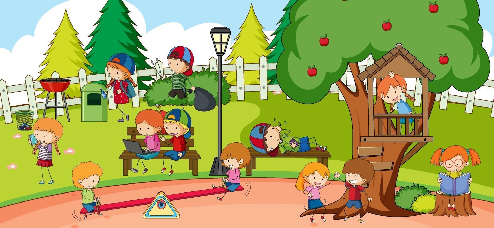 Playground scene with many kids doodle cartoon character vector