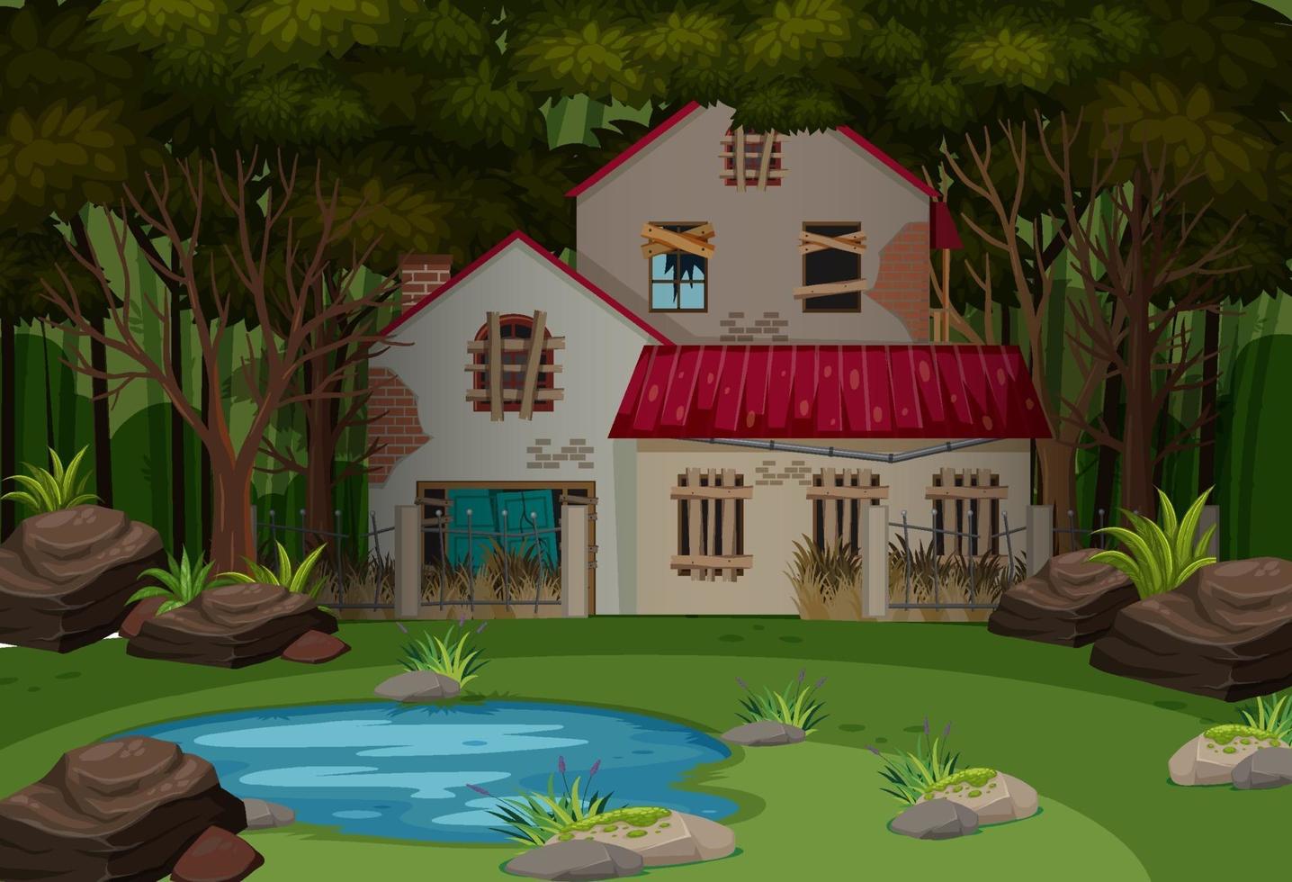 Scene with abandoned house in the dark forest vector