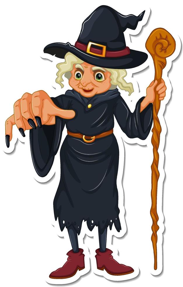 An old witch with magic cane cartoon character sticker vector