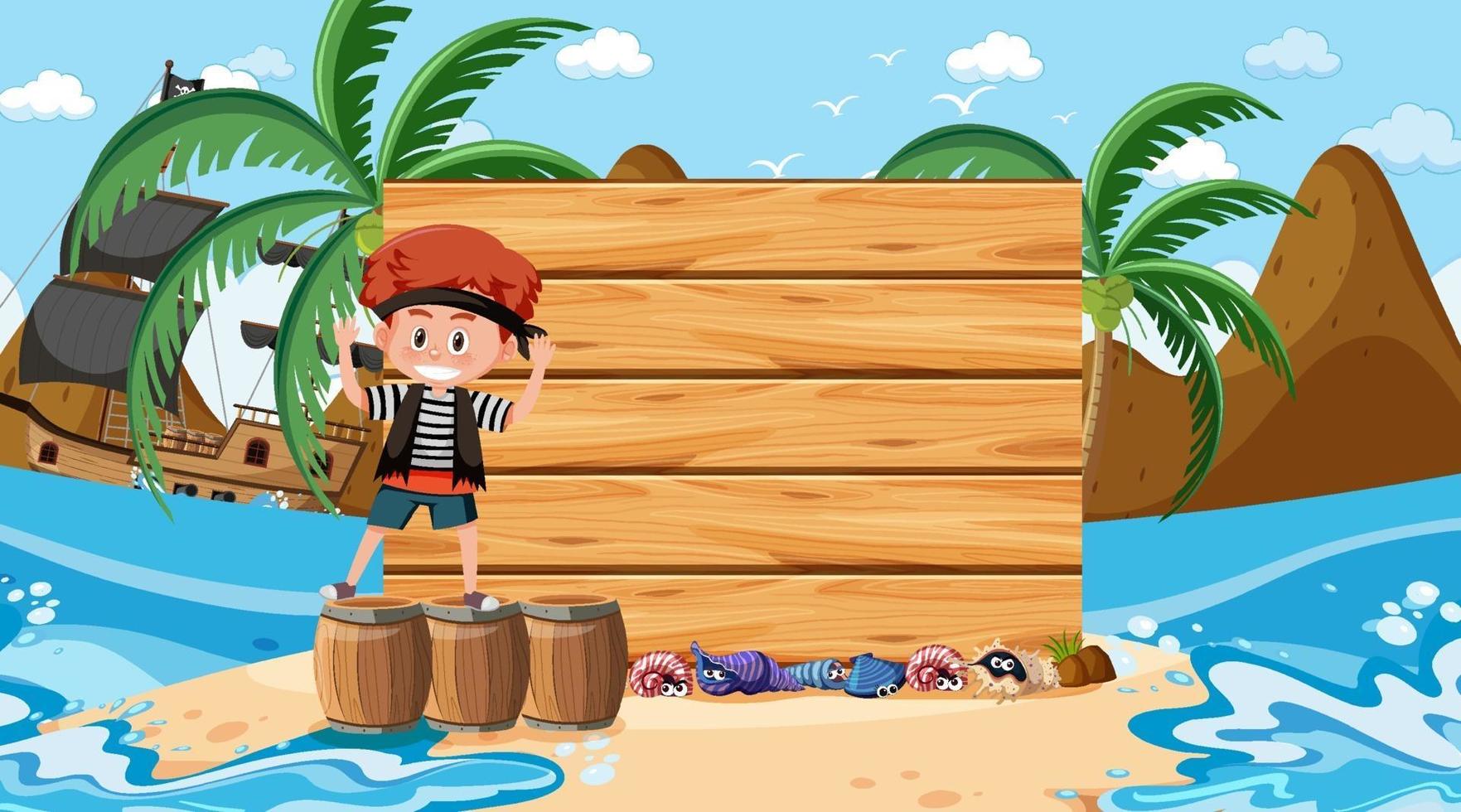 Niño pirata en la escena diurna de la playa con una plantilla de banner vacía vector