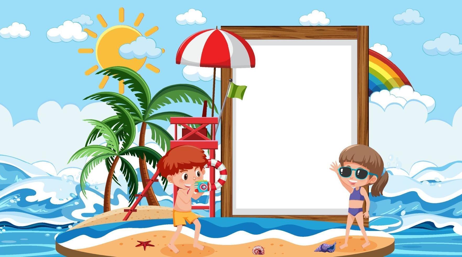 Plantilla de banner vacío con niños de vacaciones en la escena diurna de la playa vector