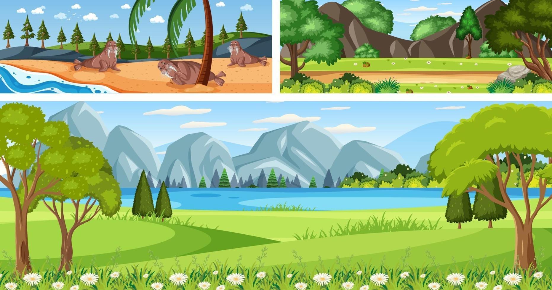 Set of different outdoor landscape scenes with cartoon character vector