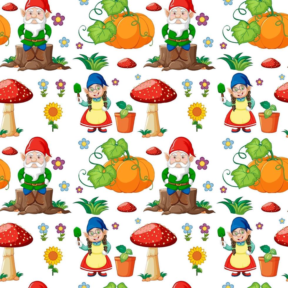Gnome or dwarf seamless pattern with garden elements vector