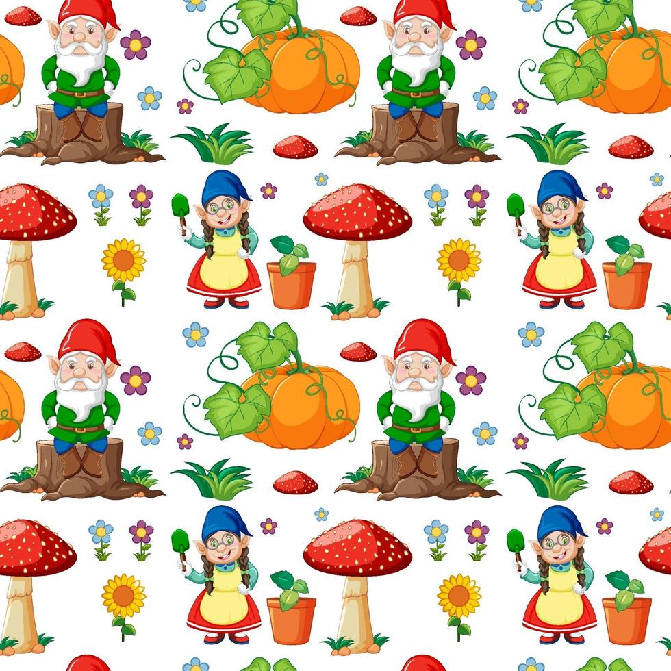 Gnome or dwarf seamless pattern with garden elements vector