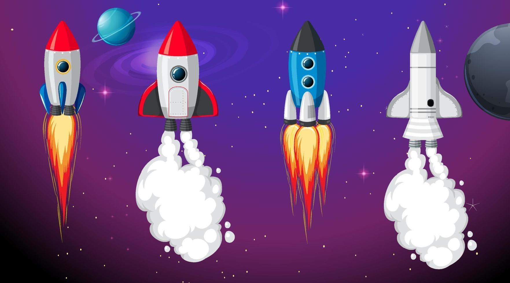 Set of different rocket and spaceship in space background vector