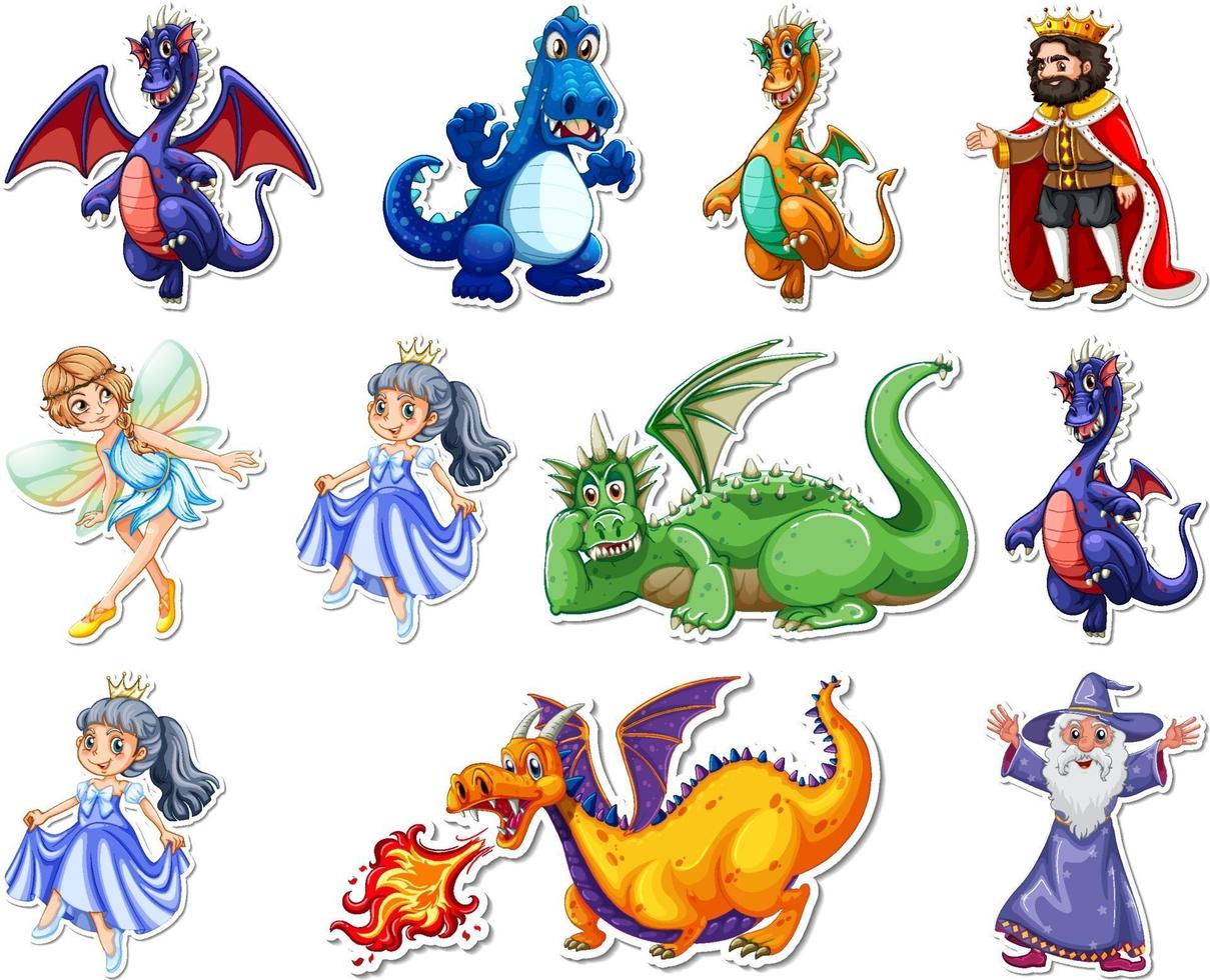 Sticker set with different fairytale cartoon characters vector