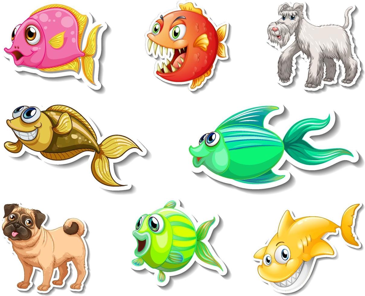 Set of stickers with sea animals and dogs cartoon character vector