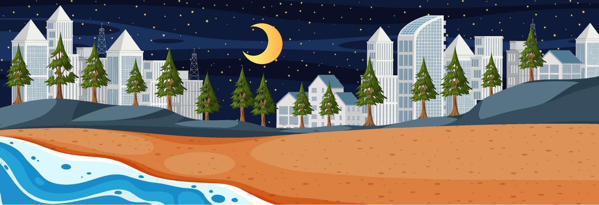 Escena horizontal de playa en la noche con fondo de paisaje urbano vector