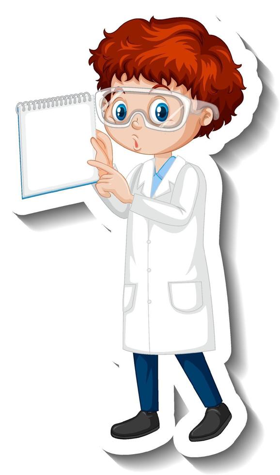 pegatina de personaje de dibujos animados con un niño en bata de ciencia vector