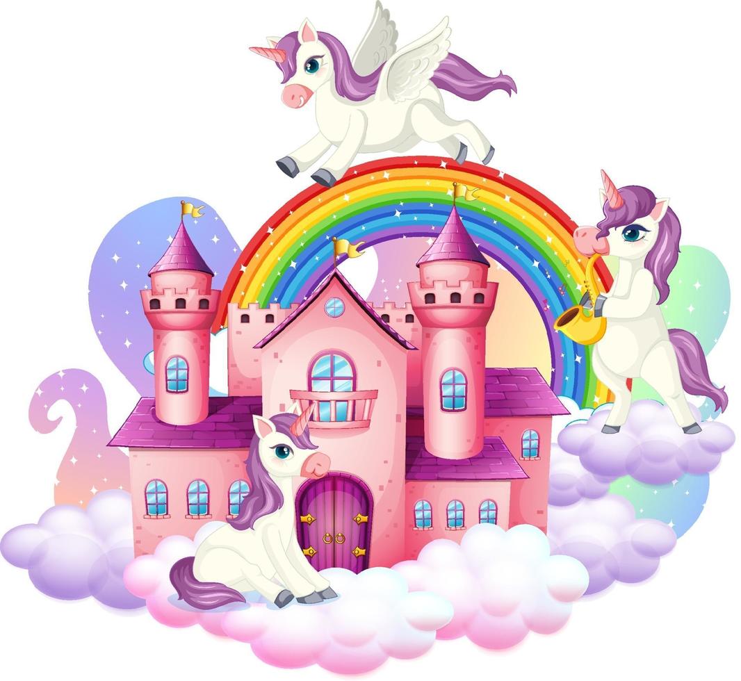 muchos lindos personajes de dibujos animados de unicornios con castillo en la nube vector