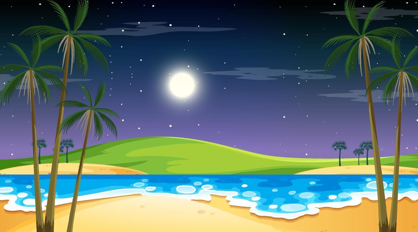 playa en la noche escena del paisaje con palmera vector