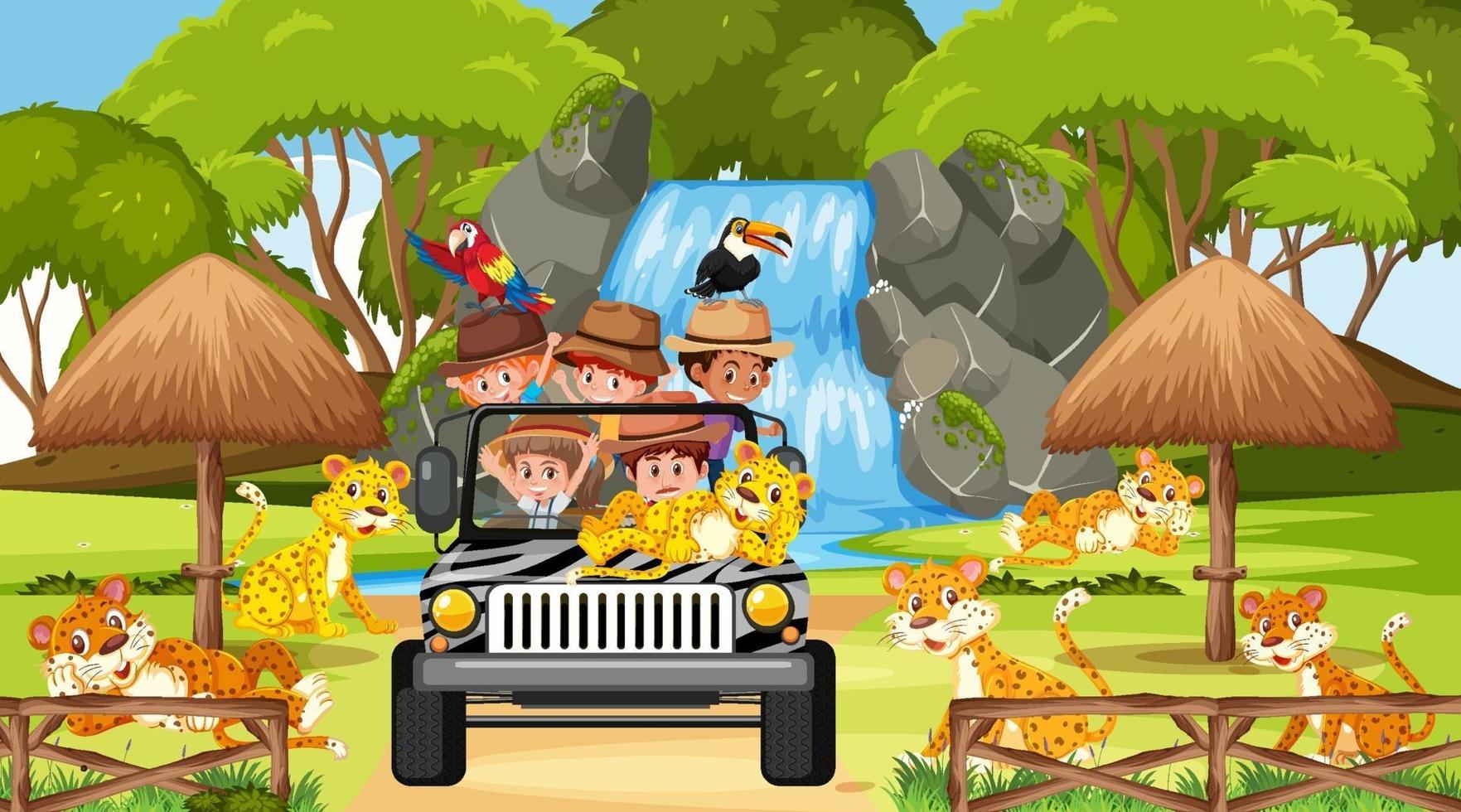 Tour para niños en escena de safari con muchos leopardos. vector