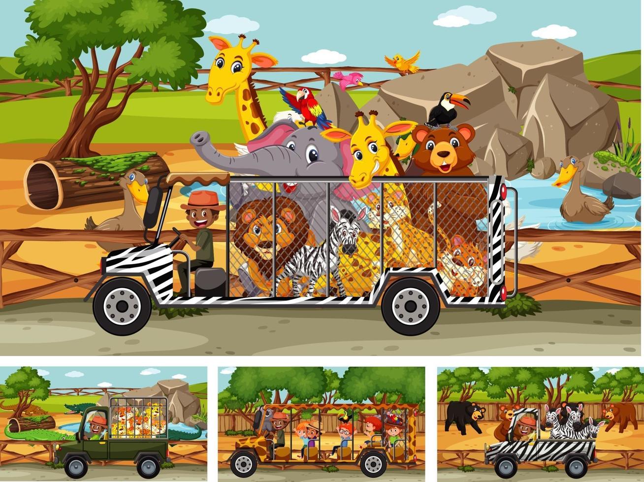 Conjunto de diferentes escenas de safari con animales y personajes de dibujos animados para niños. vector